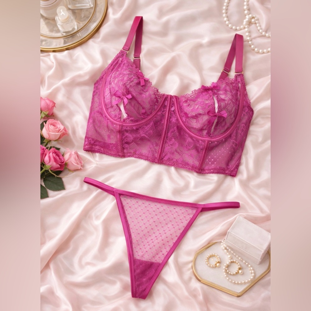 🆕 Seven Til Midnight -  Lace Lingerie Bra and Panty Set - Fuchsia Hot Pink